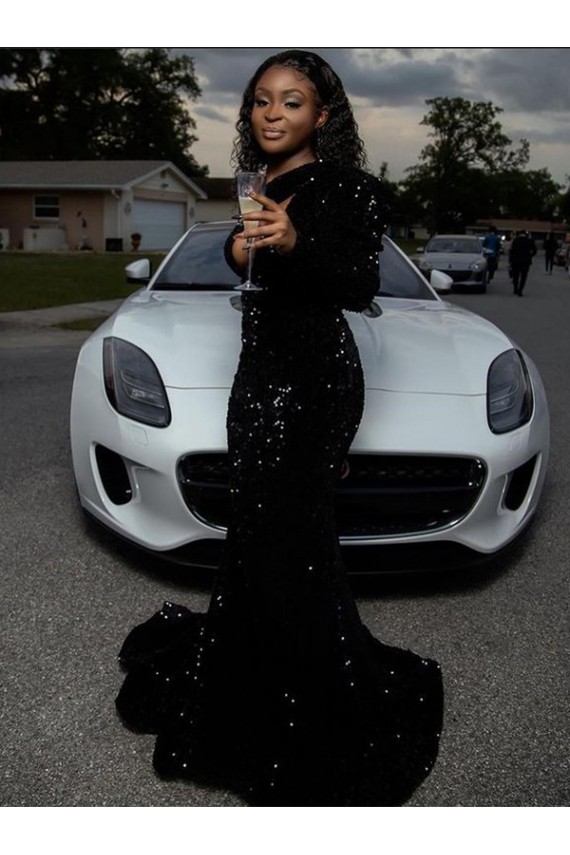 Discount One Shoulder Long Sleeves Long Sweep Train Velvet Sequin Prom Dress