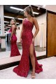 Discount Mermaid One Shoulder Sleeveless Long Sweep Train Velvet Sequin Prom Dress with High Slit
