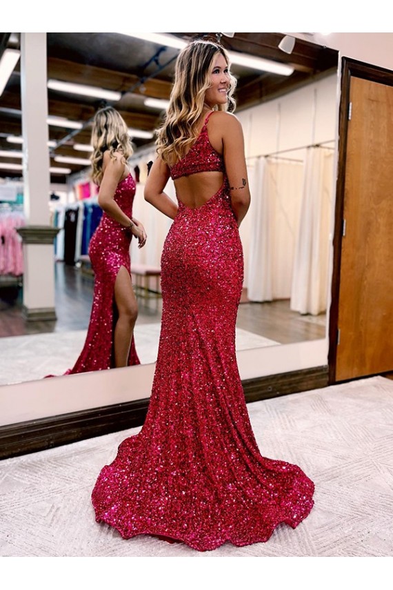Discount Mermaid One Shoulder Sleeveless Long Sweep Train Velvet Sequin Prom Dress with High Slit