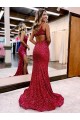 Discount Mermaid One Shoulder Sleeveless Long Sweep Train Velvet Sequin Prom Dress with High Slit