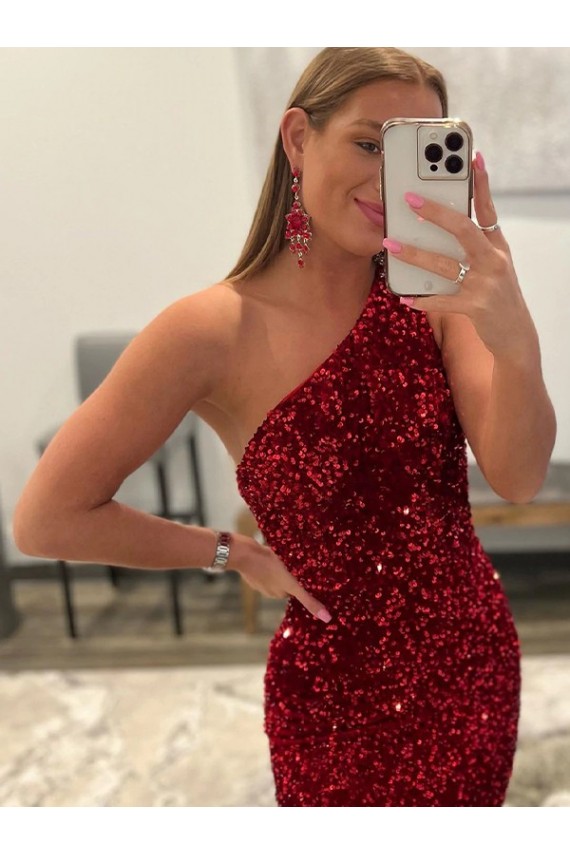 Discount Open Back One Shoulder Sleeveless Long Sweep Train Velvet Sequin Prom Dress