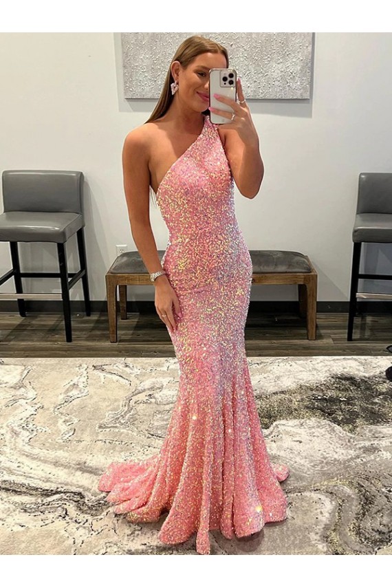 Discount Open Back One Shoulder Sleeveless Long Sweep Train Velvet Sequin Prom Dress