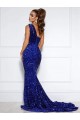 Discount Mermaid One Shoulder Sleeveless Long Court Train Velvet Sequin Prom Dress with Slit