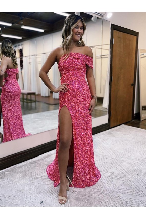 Discount One Shoulder Sleeveless Long Sweep Train Velvet Sequin Prom Dress with Side Slit