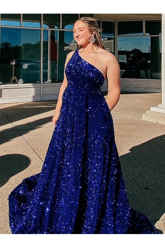 Discount A-Line One Shoulder Sleeveless Long Sweep Train Velvet Sequin Prom Dress with Pockets