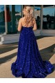 Discount A-Line One Shoulder Sleeveless Long Sweep Train Velvet Sequin Prom Dress with Pockets