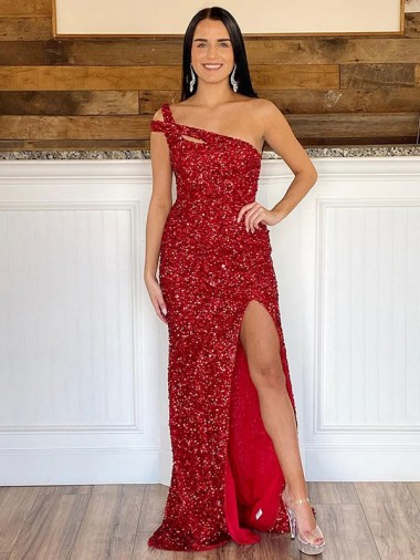 Discount One Shoulder Sleeveless Long Sweep Train Velvet Sequin Prom Dress