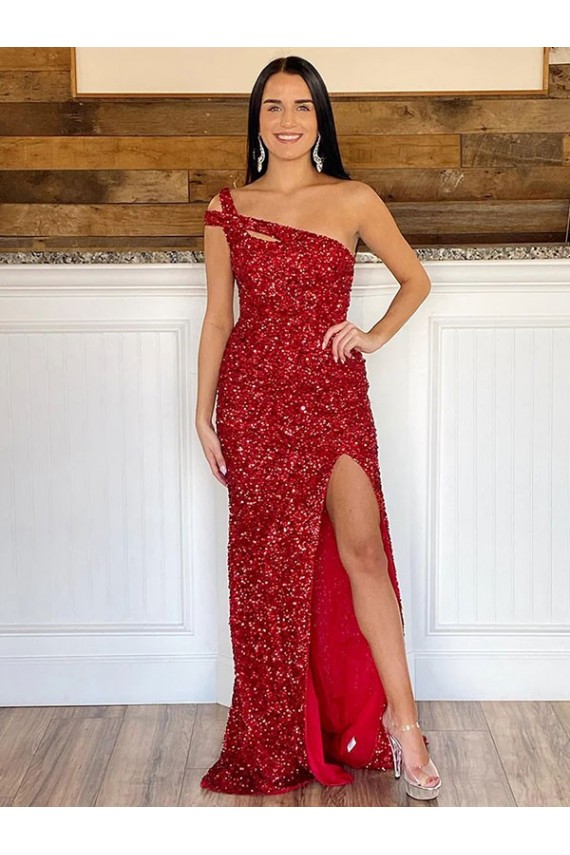 Discount One Shoulder Sleeveless Long Sweep Train Velvet Sequin Prom Dress