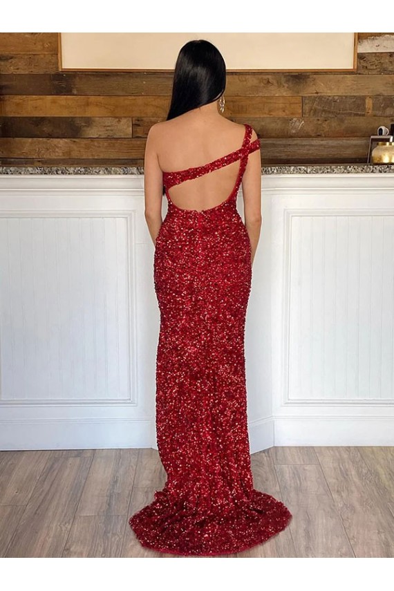 Discount One Shoulder Sleeveless Long Sweep Train Velvet Sequin Prom Dress