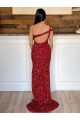 Discount One Shoulder Sleeveless Long Sweep Train Velvet Sequin Prom Dress