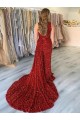 Discount One Shoulder Sleeveless Long Court Train Velvet Sequin Prom Dress with Slit