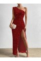 Discount One Shoulder Sleeveless Long Floor Length Velvet Sequin Prom Dress with Slit