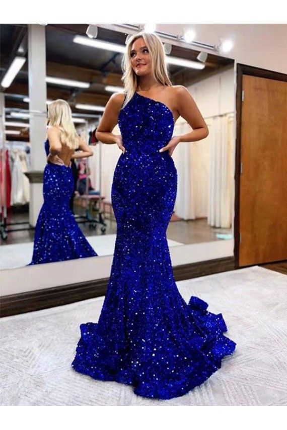 Discount Mermaid One Shoulder Open Back Long Sweep Train Velvet Sequin Prom Dress