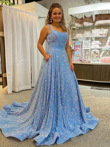 Discount A-Line Scoop Sleeveless Long Court Train Velvet Sequin Prom Dress