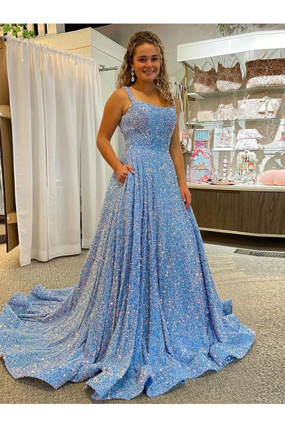 Discount A-Line Scoop Sleeveless Long Court Train Velvet Sequin Prom Dress