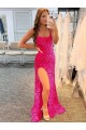 Discount Spaghetti Straps Sleeveless Long Velvet Sequin Prom Dress with Slit and Criss Cross Open Back