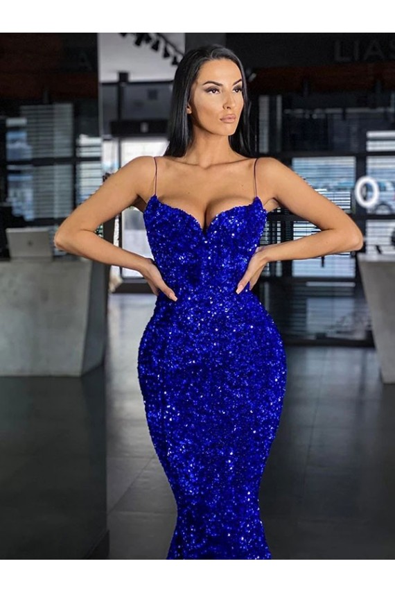 Discount Mermaid Spaghetti Straps Sleeveless Long Sweep Train Velvet Sequin Prom Dress