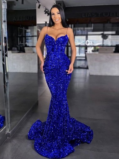 Discount Mermaid Spaghetti Straps Sleeveless Long Sweep Train Velvet Sequin Prom Dress