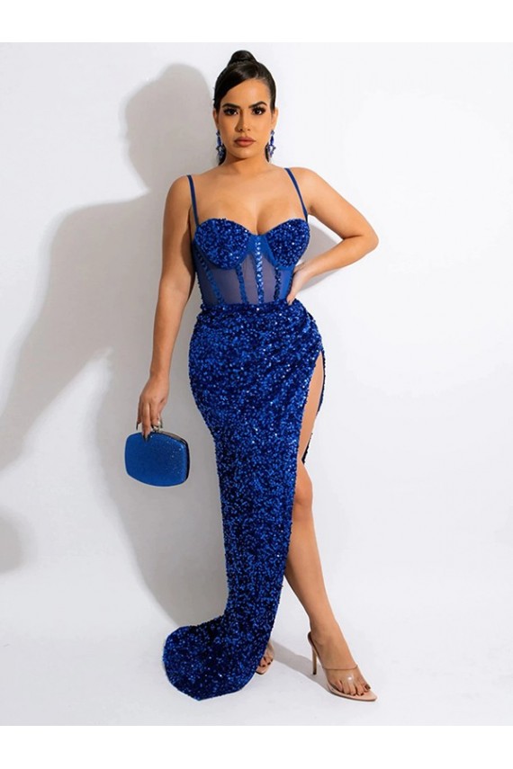 Discount Long Sweep Train Spaghetti Straps Sleeveless Velvet Sequin Prom Dress with Slit