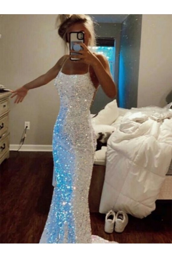 Discount Long Spaghetti Straps Sleeveless Sweep Train Velvet Sequin Prom Dress