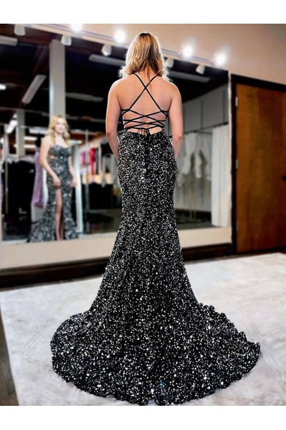 Discount Spaghetti Straps Sleeveless Long Sweep Train Velvet Sequin Prom Dress
