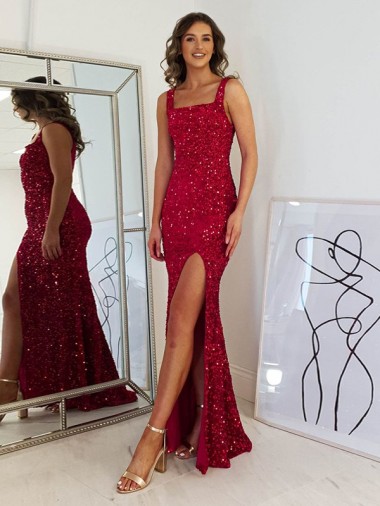 Discount Square Neck Sleeveless Long Velvet Sequin Prom Dress with Slit