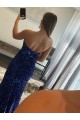 Discount Strapless Sleeveless Long Sweep Train Velvet Sequin Prom Dress with Side Slit