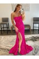 Discount Strapless Sleeveless Long Sweep Train Velvet Sequin Prom Dress with Side Slit