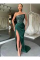 Discount Strapless Sleeveless Long Sweep Train Velvet Sequin Prom Dress with High Side Slit