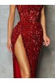 Discount Strapless Sleeveless Long Floor Length Velvet Sequin Prom Dress High Side Slit