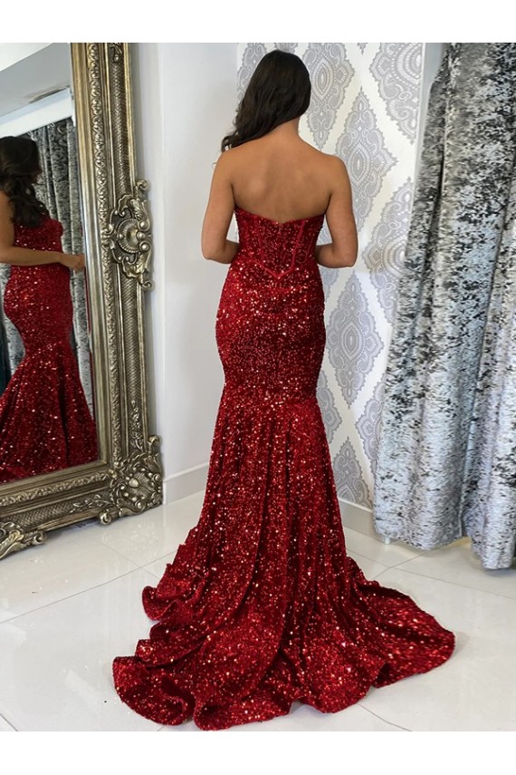 Discount Sweetheart Sleeveless Long Court Train Velvet Sequin Prom Dress