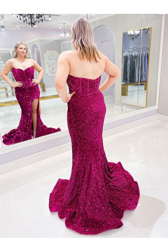 Discount Long Sweetheart Sleeveless Sweep Train Velvet Sequin Prom Dress with Slit