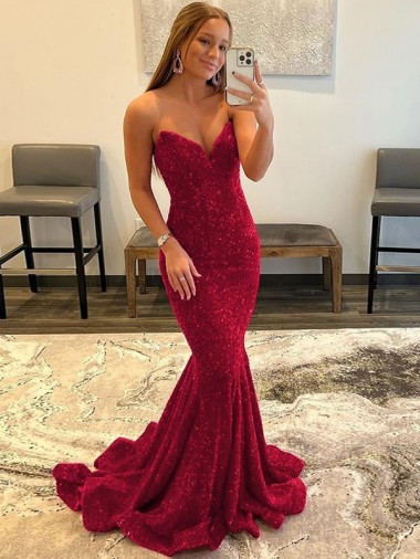 Discount Sweetheart Sleeveless Long Sweep Train Velvet Sequin Prom Dress
