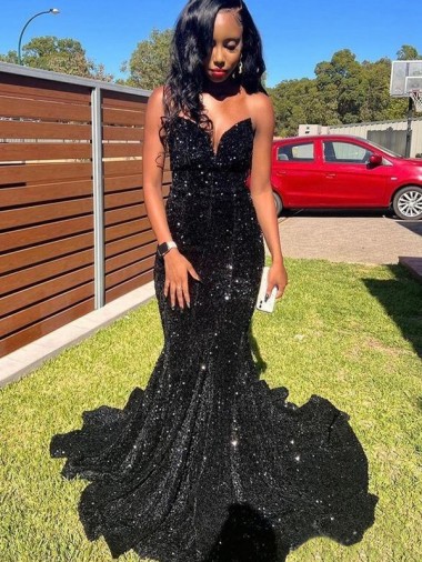 Discount Mermaid Sweetheart Sleeveless Long Floor Length Velvet Sequin Prom Dress