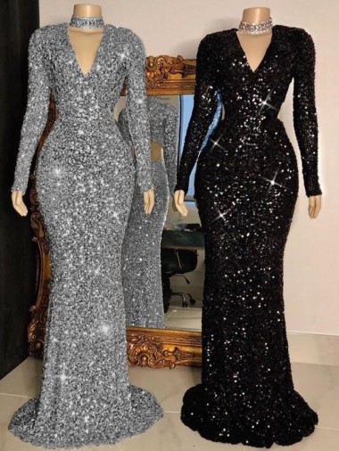 Discount V-Neck Long Sleeves Long Sweep Train Velvet Sequin Prom Dress