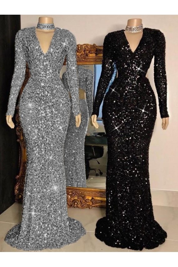Discount V-Neck Long Sleeves Long Sweep Train Velvet Sequin Prom Dress