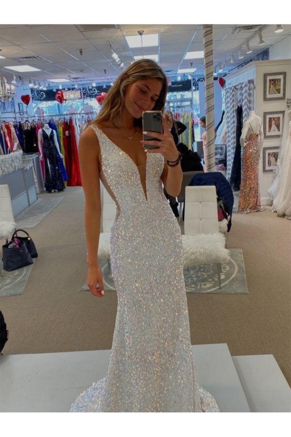 Discount V-Neck Sleeveless Long Velvet Sequin Prom Dress with Sweep Train