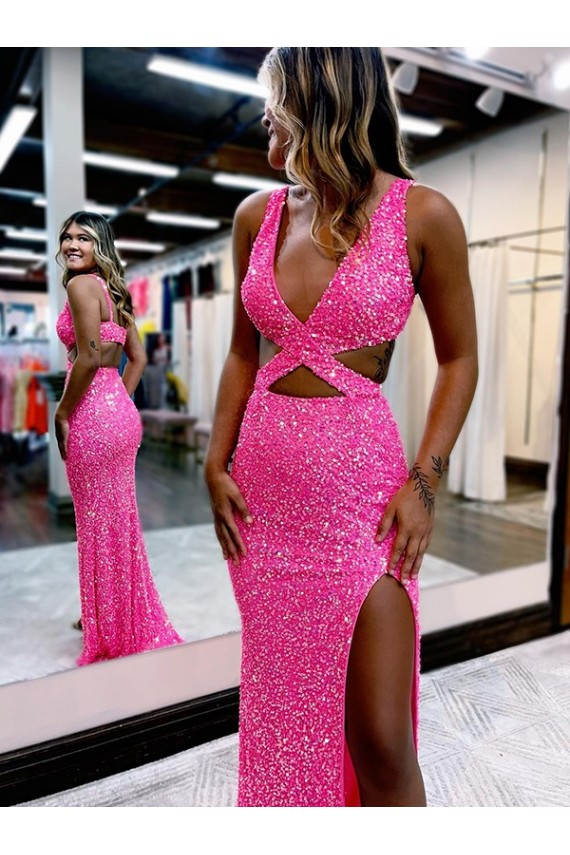 Discount Long V-Neck Sleeveless Sweep Train Velvet Sequin Prom Dress with High Slit