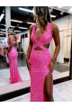 Discount Long V-Neck Sleeveless Sweep Train Velvet Sequin Prom Dress with High Slit