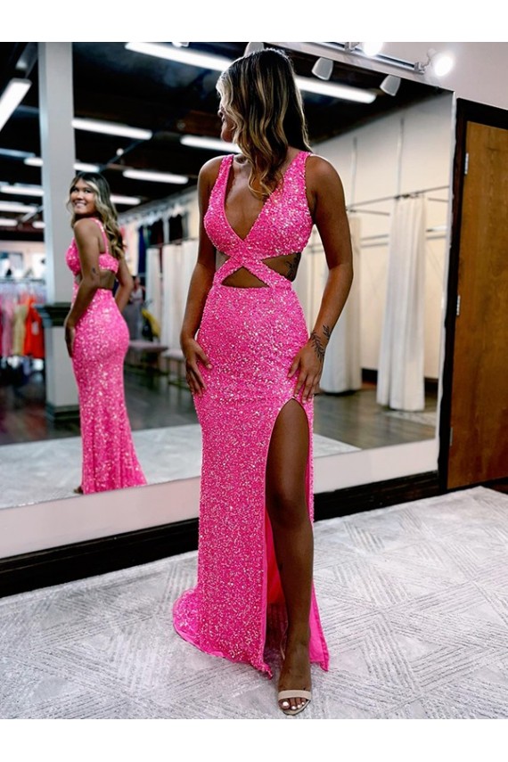 Discount Long V-Neck Sleeveless Sweep Train Velvet Sequin Prom Dress with High Slit