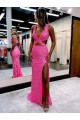 Discount Long V-Neck Sleeveless Sweep Train Velvet Sequin Prom Dress with High Slit