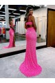 Discount Long V-Neck Sleeveless Sweep Train Velvet Sequin Prom Dress with High Slit
