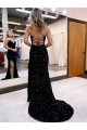 Discount V-Neck Sleeveless Long Velvet Sequin Royal Blue Prom Dress with Side Slit