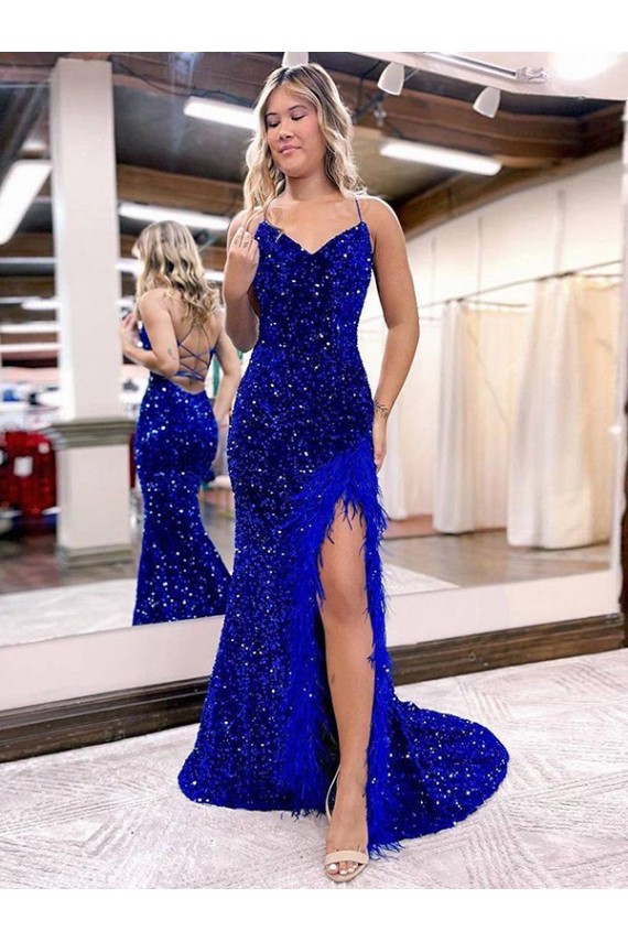 Discount V-Neck Sleeveless Long Velvet Sequin Royal Blue Prom Dress with Side Slit