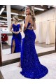 Discount V-Neck Sleeveless Long Velvet Sequin Royal Blue Prom Dress with Side Slit