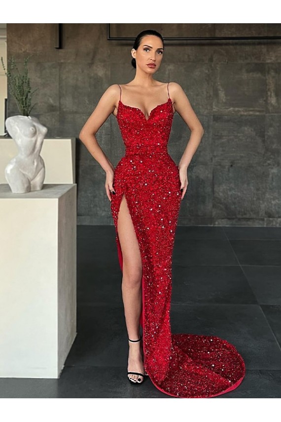 Discount V-Neck Sleeveless Long Sweep Train Velvet Sequin Prom Dress with High Side Slit