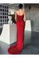Discount V-Neck Sleeveless Long Sweep Train Velvet Sequin Prom Dress with High Side Slit