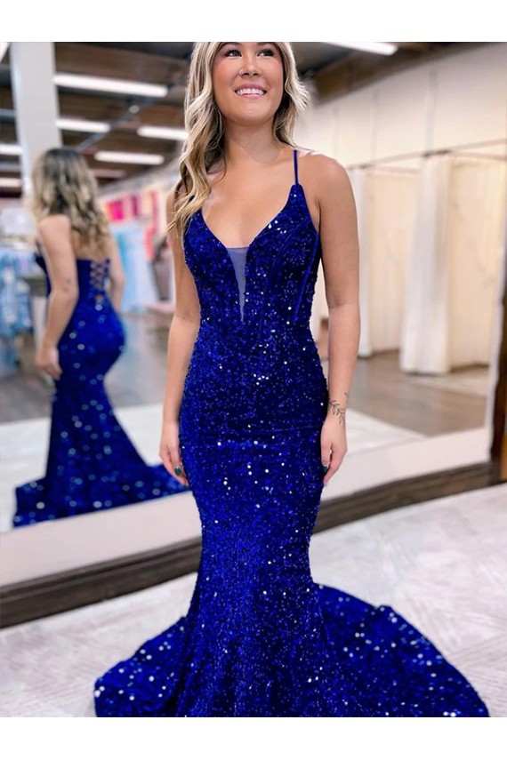 Discount Mermaid V-Neck Sleeveless Long Court Train Velvet Sequin Prom Dress