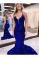 Discount Mermaid V-Neck Sleeveless Long Court Train Velvet Sequin Prom Dress