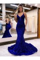 Discount Mermaid V-Neck Sleeveless Long Court Train Velvet Sequin Prom Dress